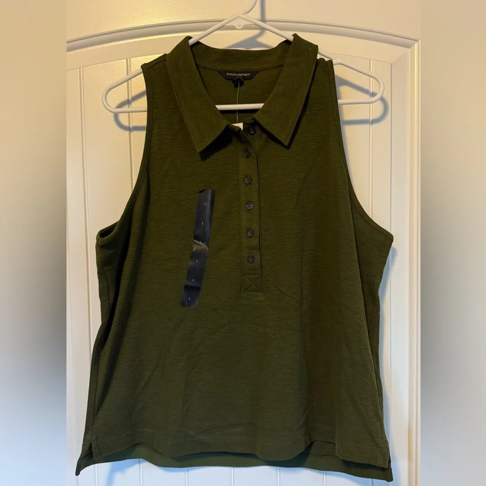 NWT Banana Republic Factory Olive Button Down Sleeveless Polo - Picture 1 of 4